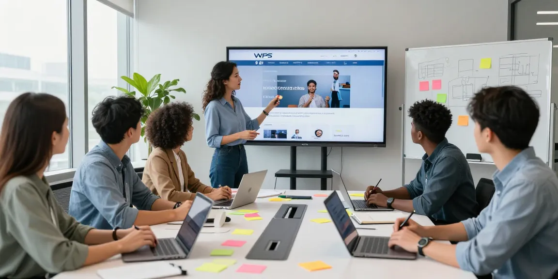 Team brainstorming session at a modern office featuring the WPS Official Website interface.