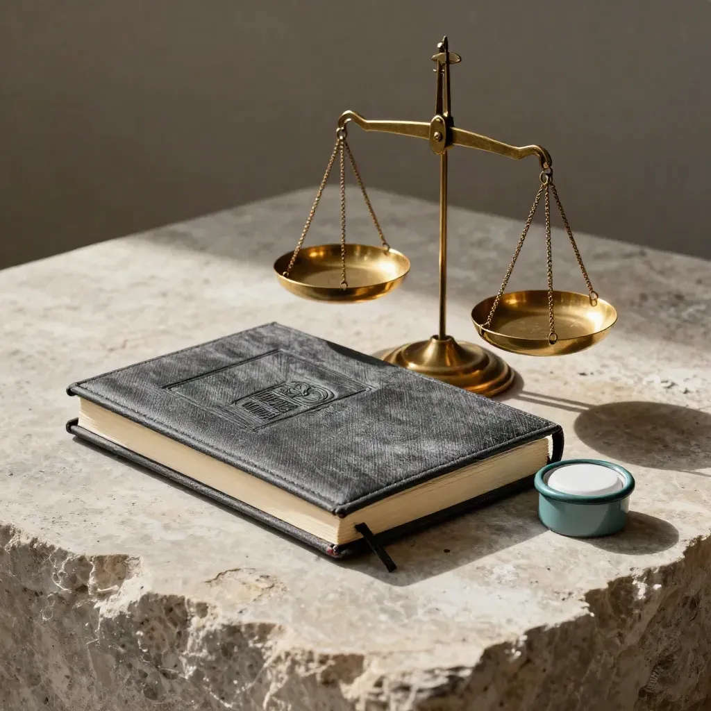 Closed ledger, brass scale, and enamel paperweight on pale stone, lit dramatically.