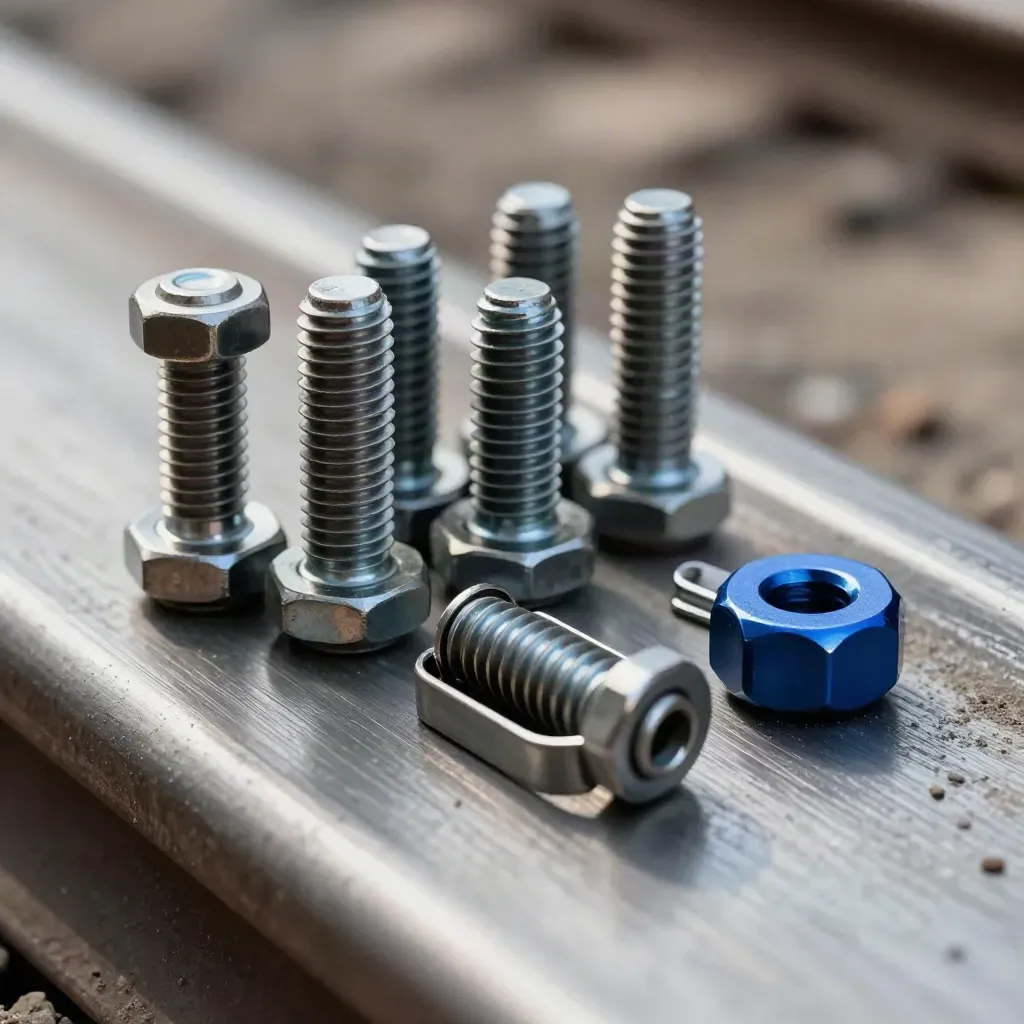Macro flat lay of rail bolts, spring clip, cobalt spacer on brushed steel