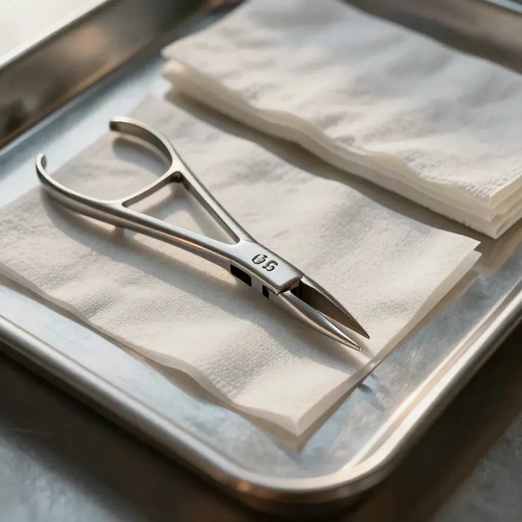Forceps, sterile tray corner, and folded gauze on brushed metal, top-down clinical still life.