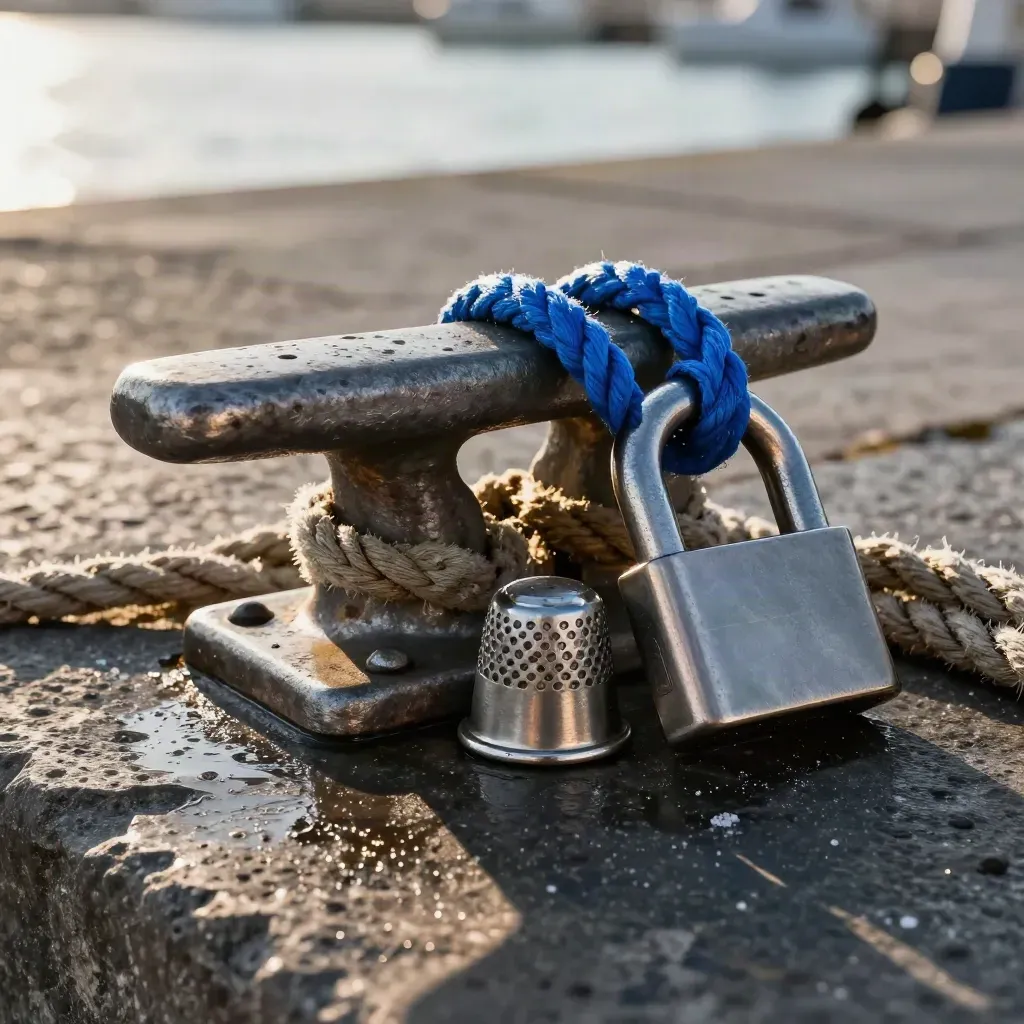 Weathered cleat, rope thimble, and dock shackle on dark stone with salt spray