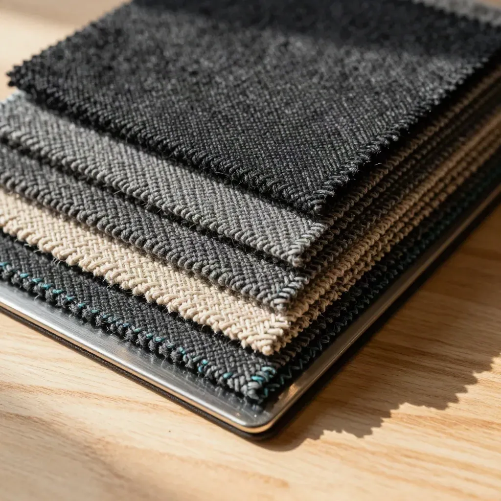Top-down textile swatches, steel weights, and a garment clip on pale wood with teal accent.