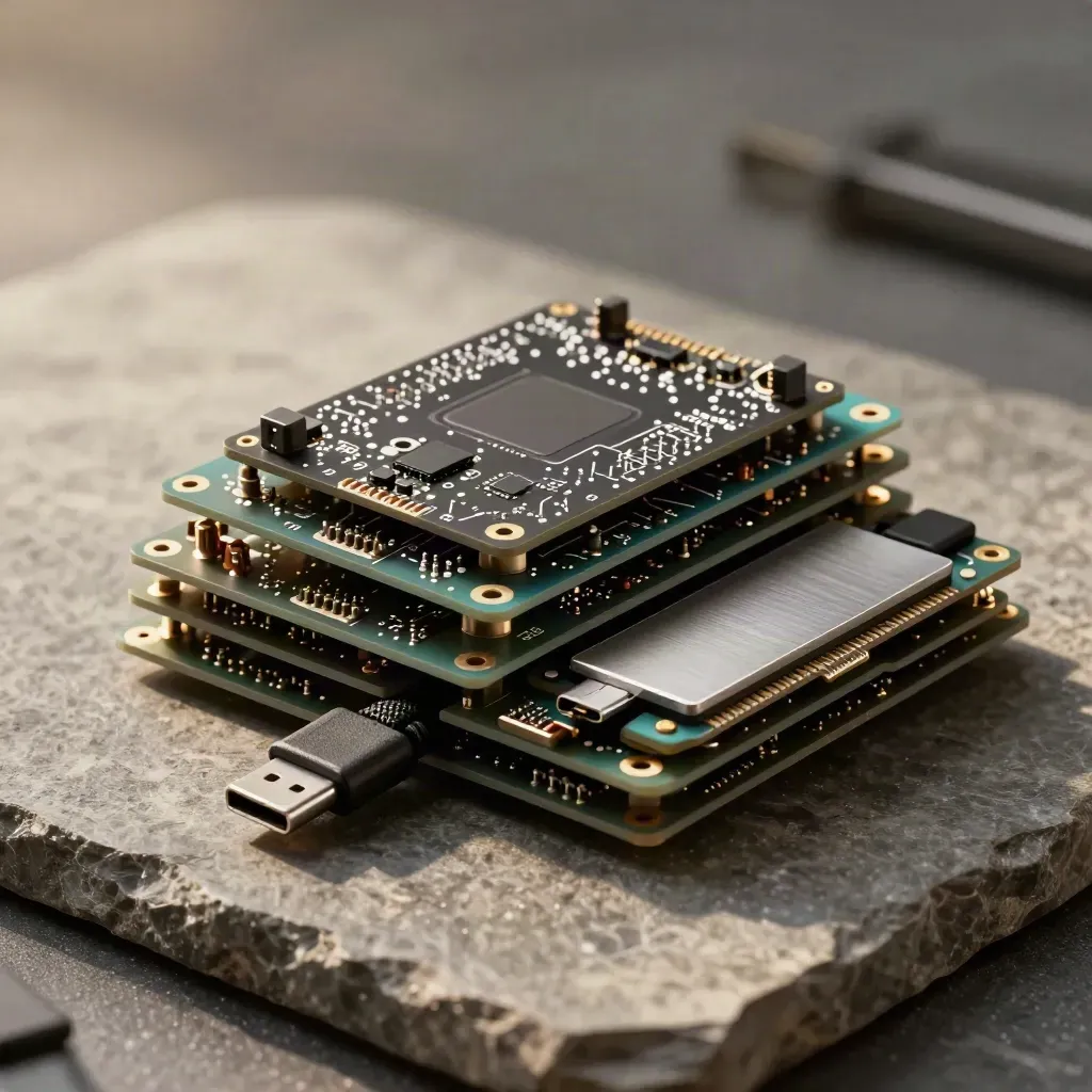 Stacked prototype boards, USB-C jumper and SSD on a stone slab in dramatic studio light