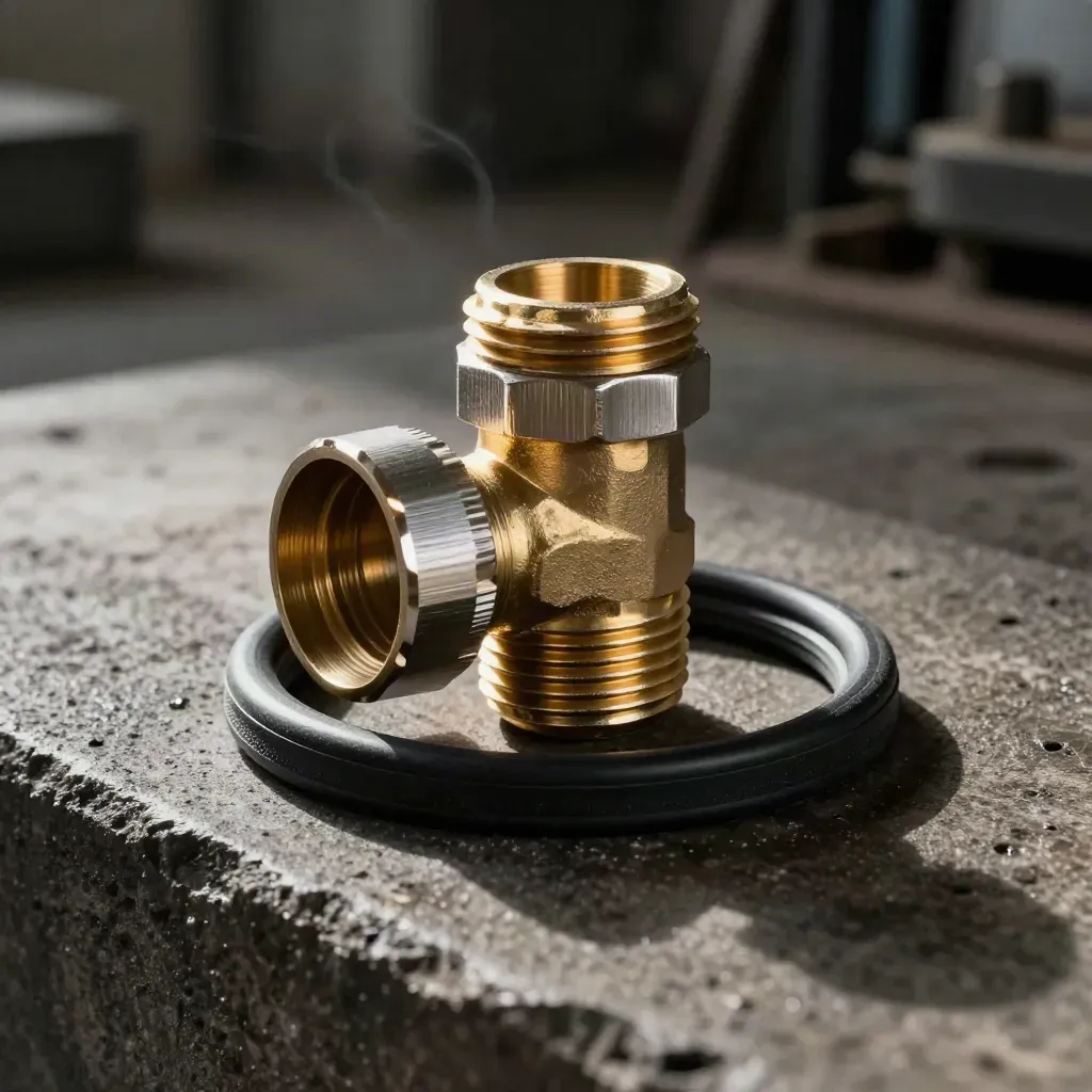 Industrial fuel nozzle cap, brass valve fitting, and gasket ring on dark concrete in hard studio light