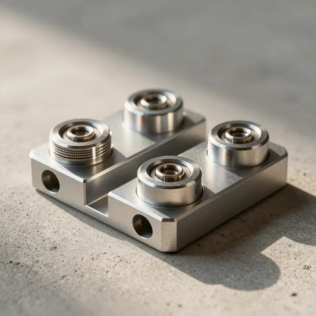Macro of aluminum docking hardware and thumb screws on pale concrete