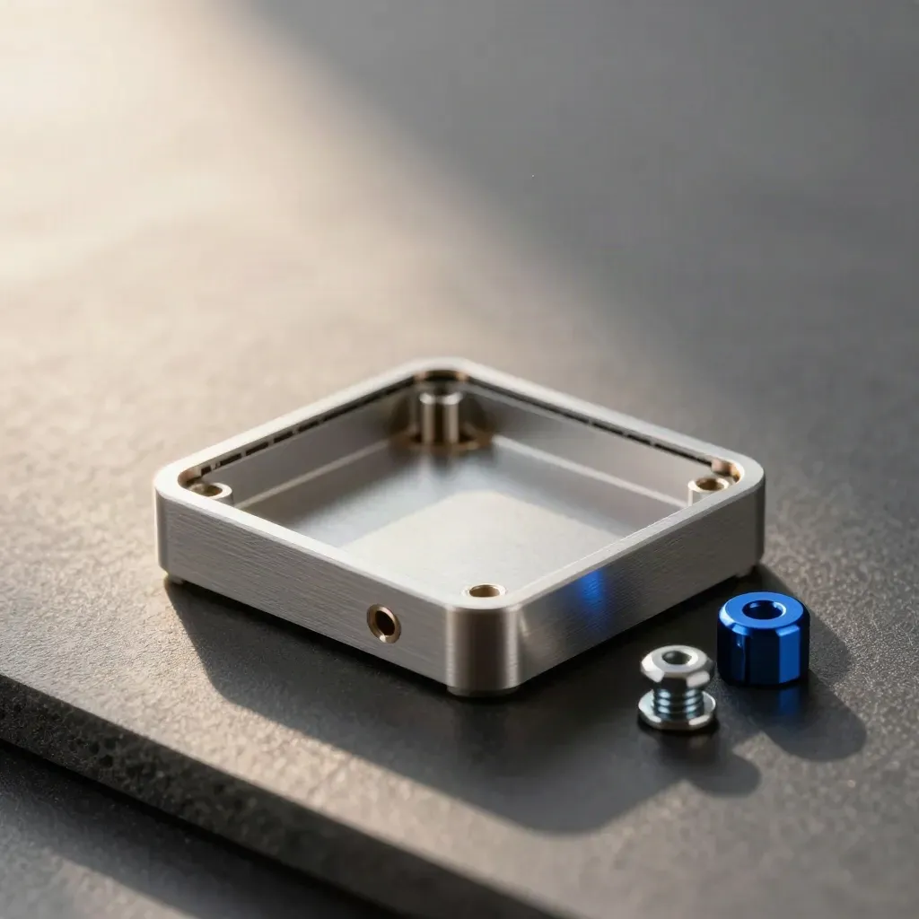 Macro of an aluminum dev board enclosure with connector caps and a hex screw on matte graphite.