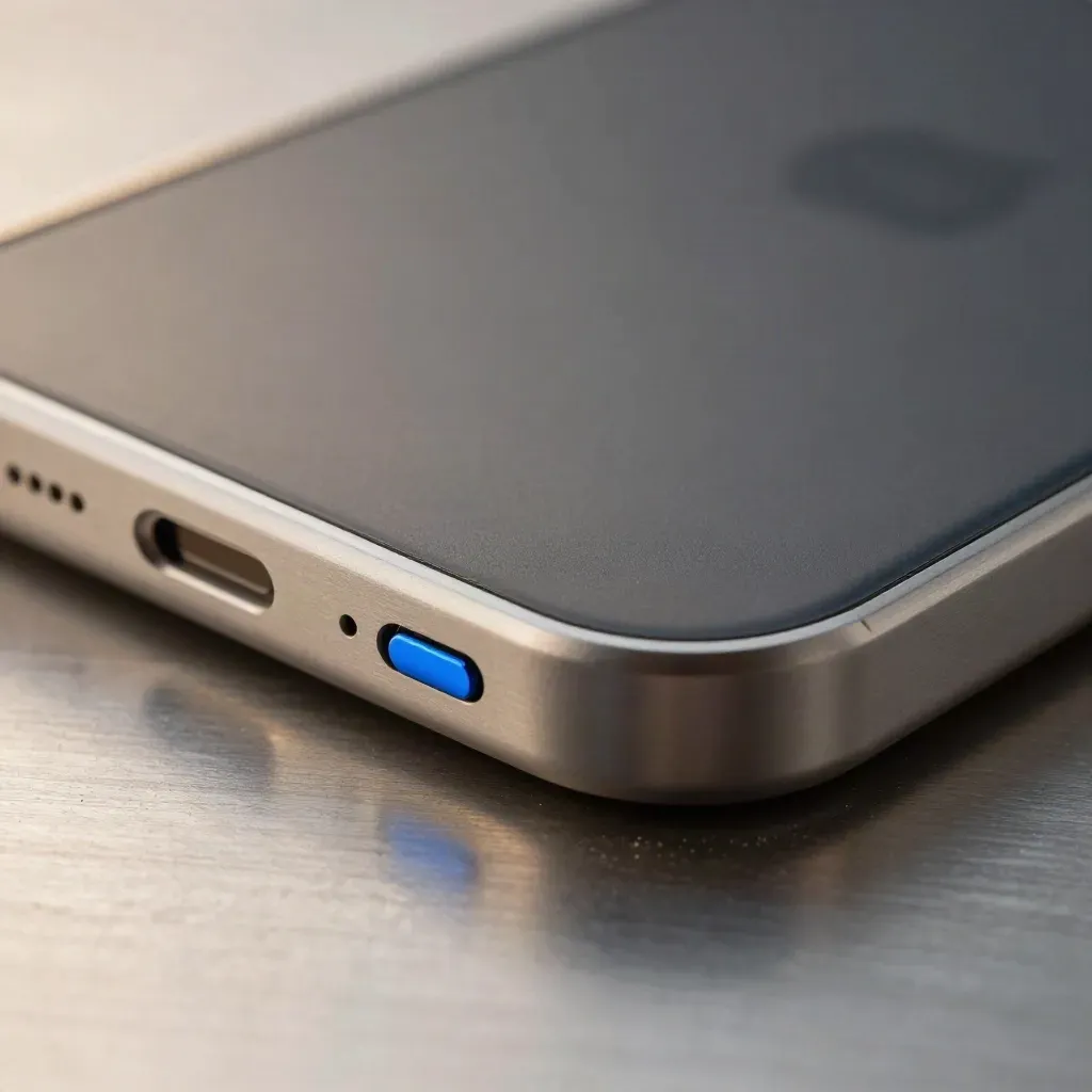 Matte phone shell, SIM tray pin, and bumper on brushed metal in a tight macro still life.