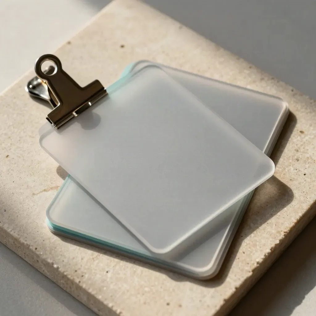 Top-down flat lay of design cards, alignment clip, pale stone, and subtle teal accent.