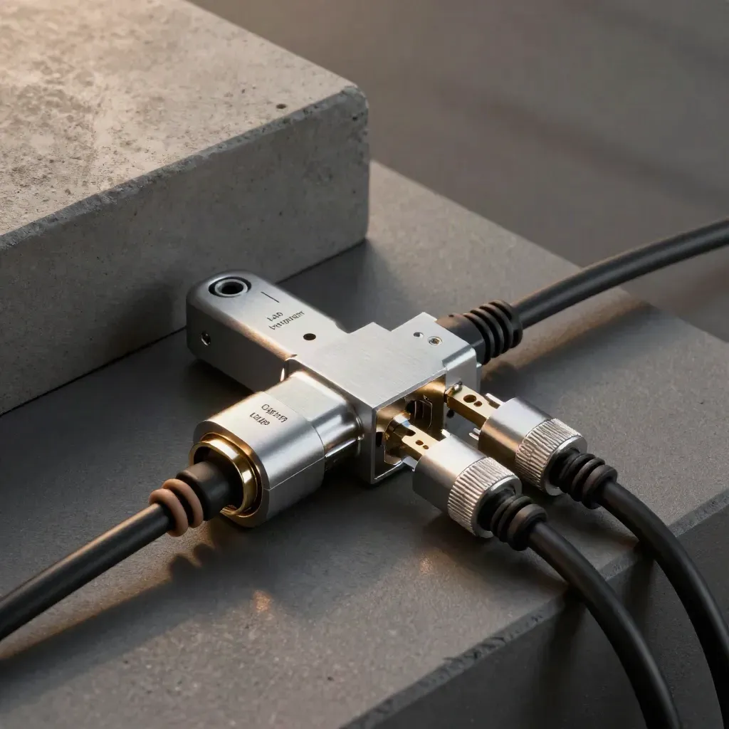 Brushed connector hub with splitter cable and three silver plugs on a dark graphite bench