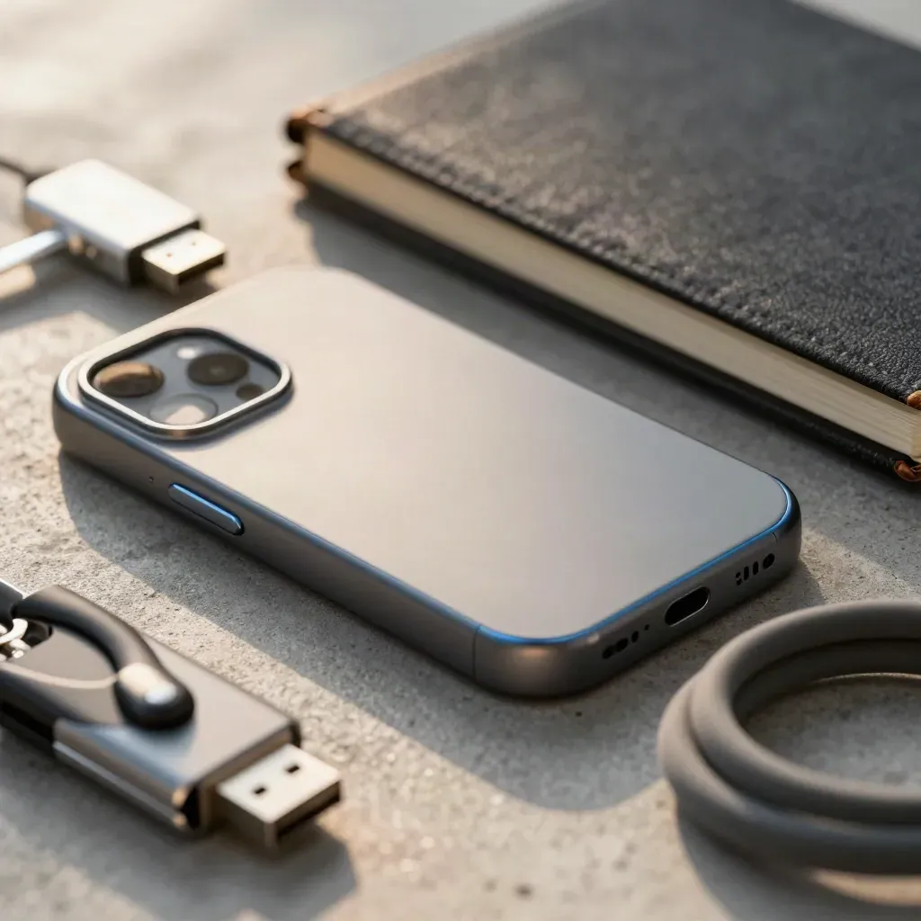 Prototype phone shell, notebook, USB drive and cable loop seen through blurred acrylic.