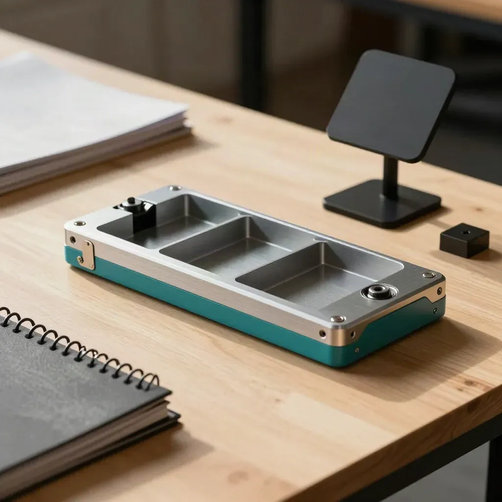 Closed project binder, modular dock, stand and alignment blocks on pale wood with teal accent.