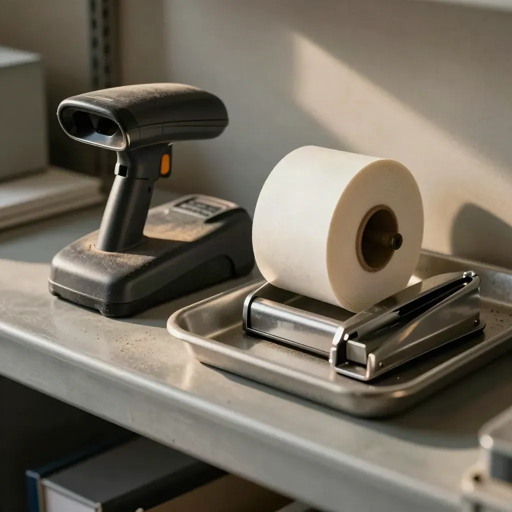 Barcode scanner cradle, inward thermal roll, and seal cutter on brushed metal beside a dispatch tray.