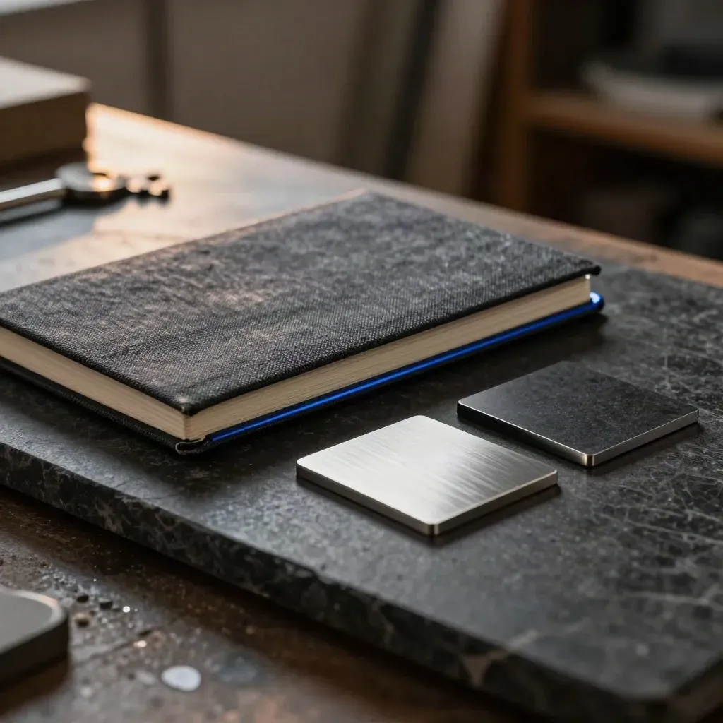 Closed sketchbook, prototype enclosure, and sample chips on dark stone under dramatic studio light