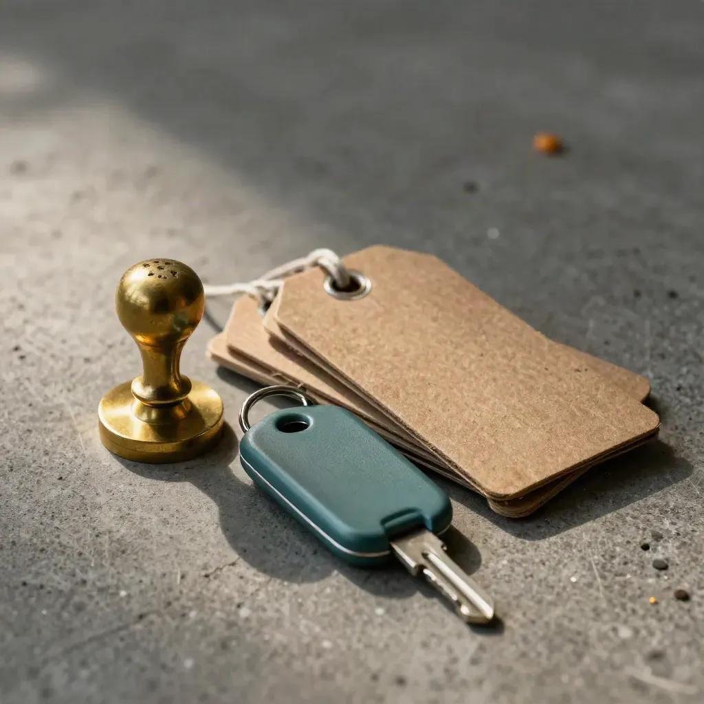 Face-down shipping tags, brass stamp, and key fob on concrete with a subtle teal accent.
