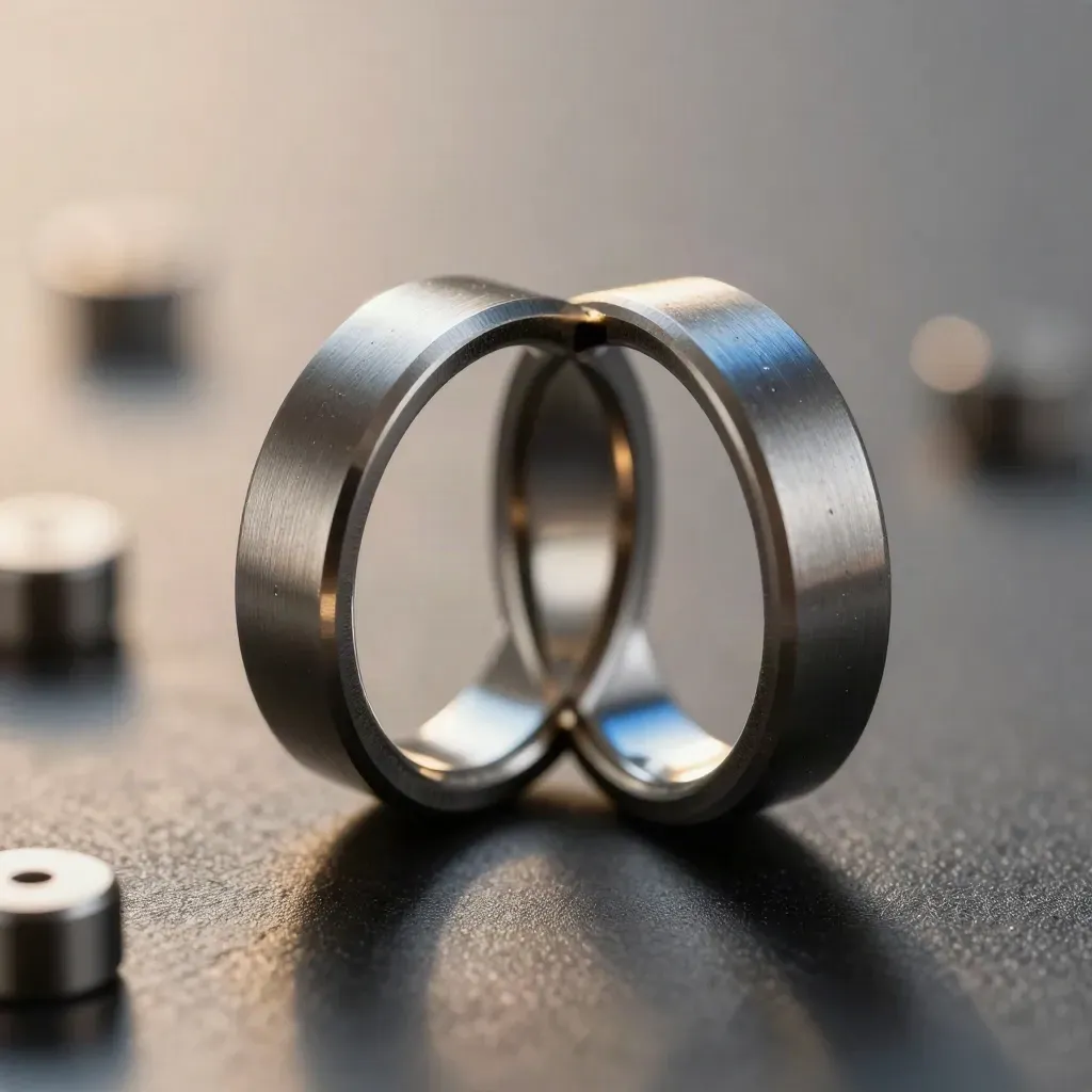 Two linked machined rings with a cobalt bridge on graphite, lit like a premium macro product shot.