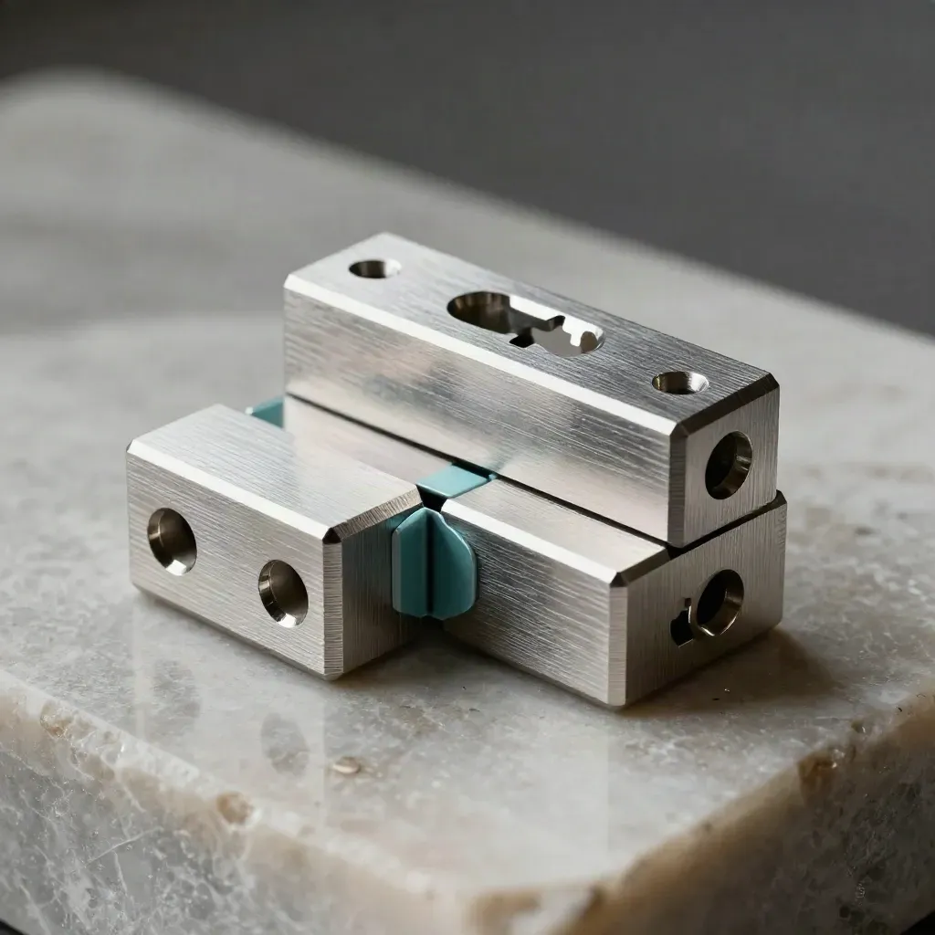 Aluminum dovetail blocks and steel plate assembled on pale stone with a teal accent.