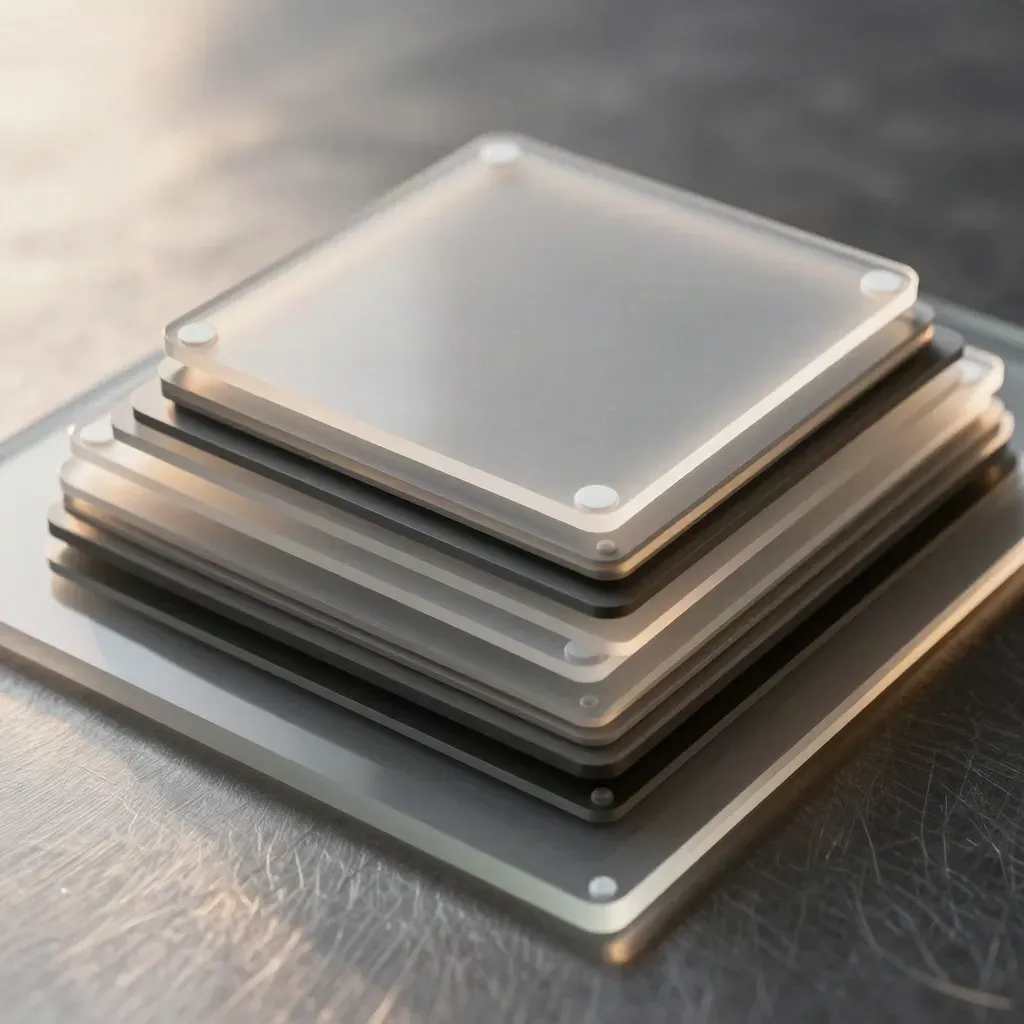 Translucent acrylic squares and spacers stacked on brushed metal, seen from above.