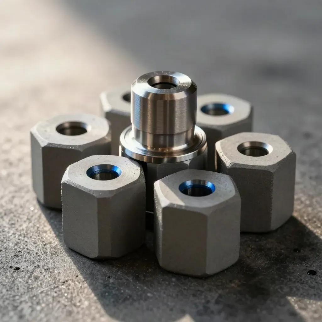 Machined couplers and modular blocks on dark concrete, lit with soft industrial daylight.