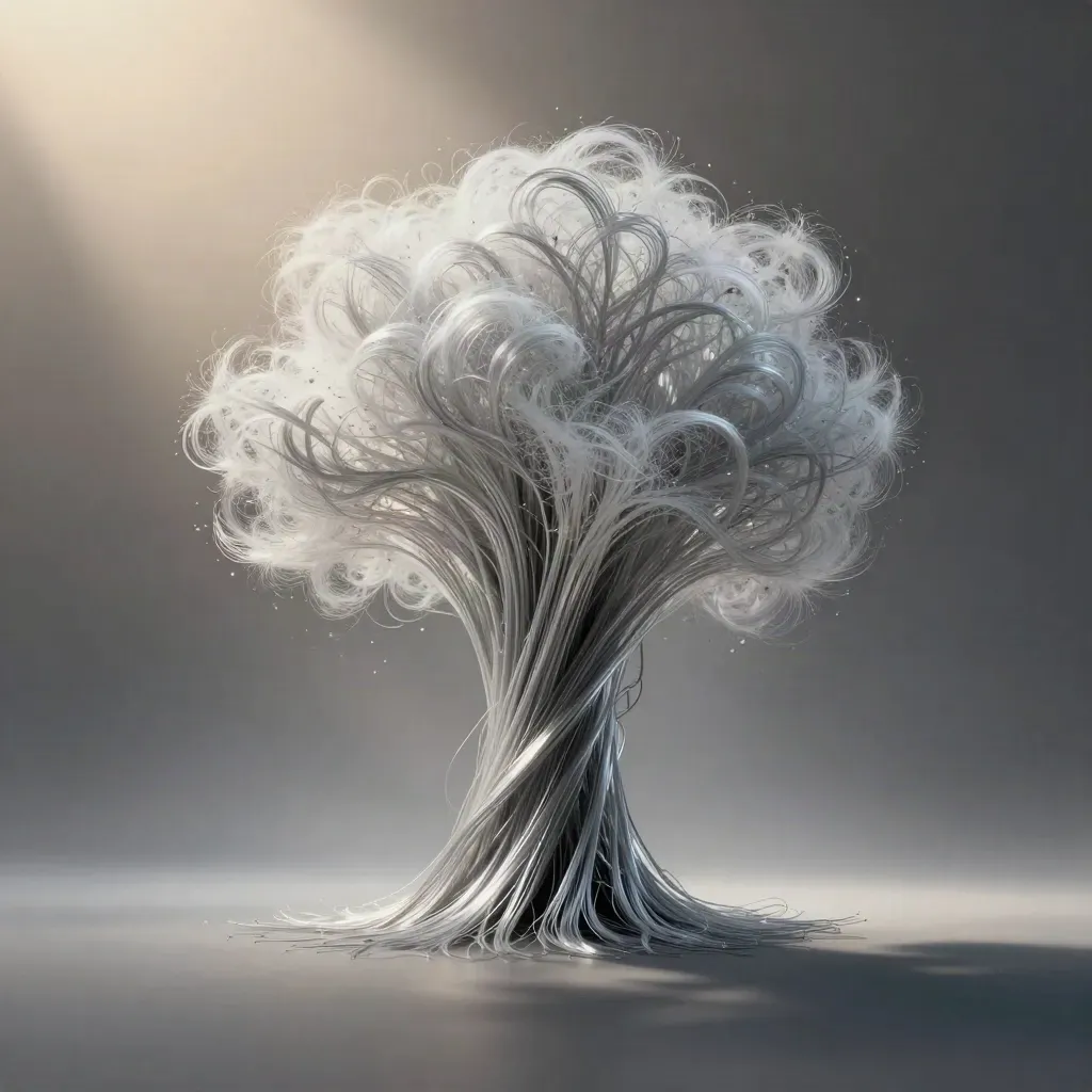 Silver filaments converge into a white bloom in dark graphite haze.